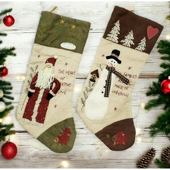 2 Dan Dee Christmas Stockings Santa Claus & Snowman Country Folk Art 17.5" New - Picture 1 of 11